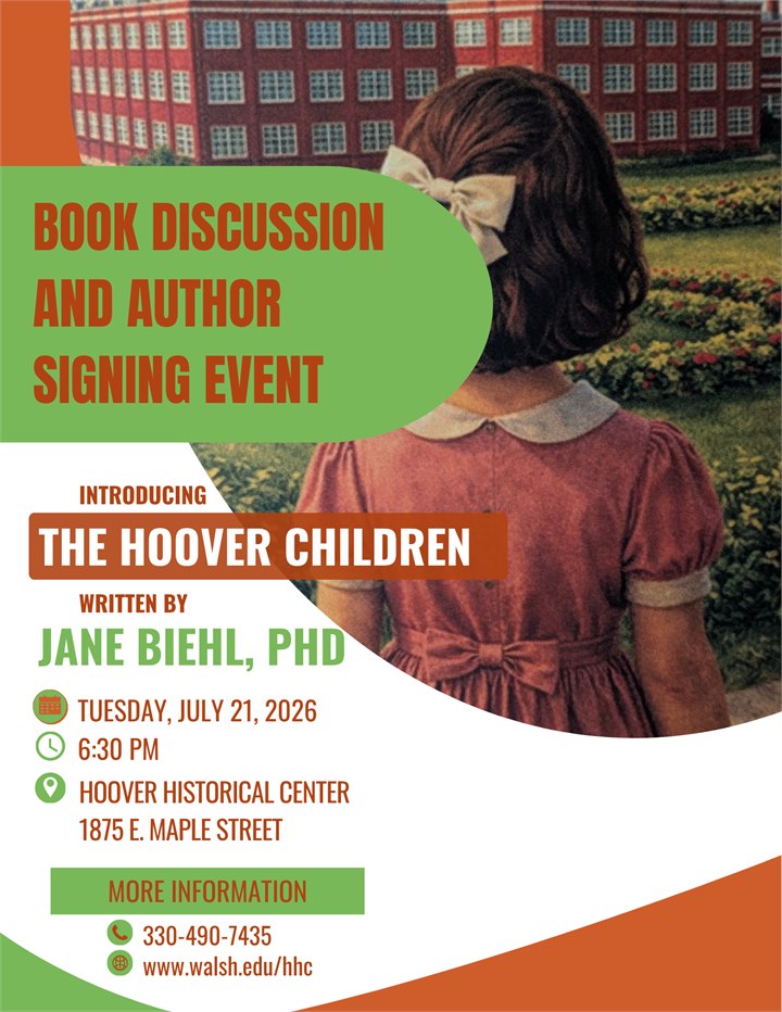 Book discussion and author signing event for The Hoover Children at Hoover Historical Center on Tuesday, July 21, 2026 at 6:30 PM